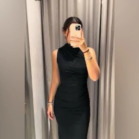 Zara | Dresses | Zara Draped Midi Dress In Black Size Small